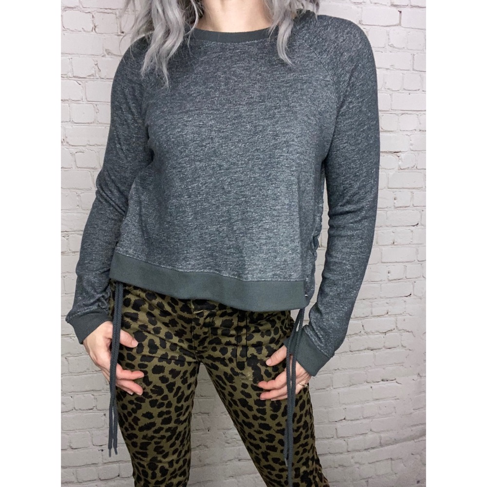 Gray Lace Up Cropped Sweatshirt Small